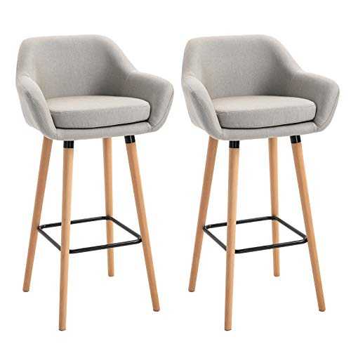 HOMCOM Set of 2 Bar Stools Modern Upholstered Seat Bar Chairs w/ Metal Frame, Solid Wood Legs Living Room Dining Room Fabric Furniture - Beige
