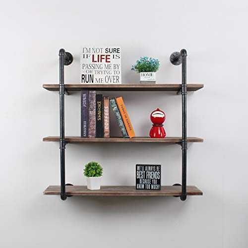 Womio Industrial Pipe Shelving Wall Mounted,Rustic Metal Floating Shelves,Steampunk Real Wood Book Shelves,Wall Shelf Unit Bookshelf Hanging Wall Shelves,Farmhouse Kitchen Bar Shelving(3 Tier,36in)