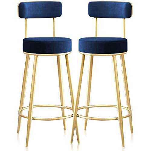 Psfghvz Breakfast Bar Stools Set of 2 Kitchen Counter Barstools with Gold Framework 65cm High Stools with Back Gold Metal Legs and Velvet Bar Chairs for Kitchen Island Counter Dining Room Pub, Blue