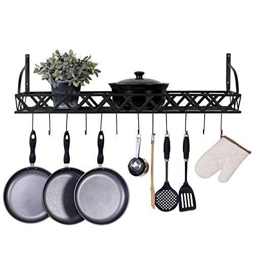 MyGift Wall Mounted Black Metal Kitchen Pots and Pans Storage Rack with Display Shelf Includes 12 Removable S Hooks
