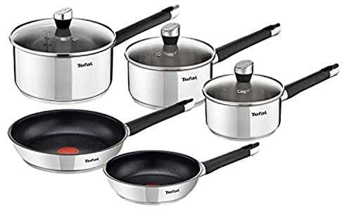 Tefal Emotion E823S524 5-Piece Stainless Steel Induction Cookware Set with 2 Frying Pans 20/24 cm + 3 Saucepans 16/18/20 cm + 3 Glass Lids