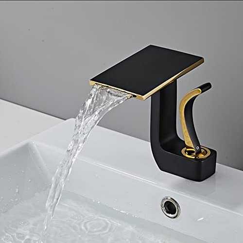SJQKA Waterfall Basin Taps,Basin Sink Tap Mixer Tap,Single Handle Basin Mixer Tap,Brass (Black+Gold)