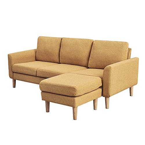Panana 3 Seater Sofa Linen Fabric L Shaped Sofa with Footstool Corner Couch Lounge Sofa Left or Right Chaise Settee for Living Room (Yellow, 3 Seater with foostool)