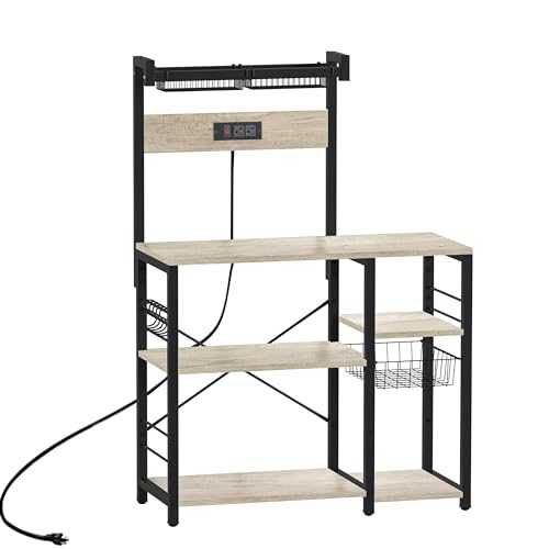LIDTOP Bakers Rack with Power Outlet, 5-Tier Microwave Stand with Storage, Coffee Bar Table Coffee Station, Kitchen Storage Rack Shelves for Spices, Pots and Pans with Basket 6 S-Shaped Hooks