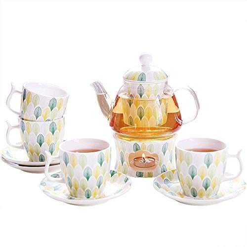 Tea Set European Porcelain and Glass Materials and Afternoon Tea Candle Warm Heat Cup Dish Porcelain Flowers Ceramic Tea Sets European Retro Tea Set (Color : Yellow, Size : 10pcs)