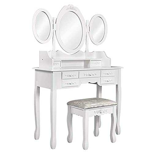 Meerveil Dressing Tables, Vanity Table with 3 Mirrors 7 Drawers and Stool White MDF Large Storage for Bedroom