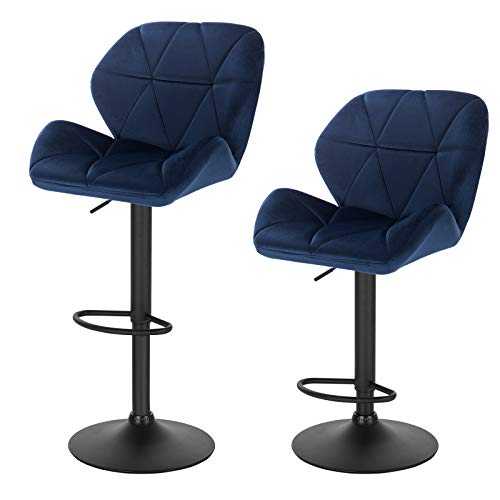 eSituro Velvet Barstools Set of 2 kitchen Counter Dining Chair with Backrest Footrest and Black Base Adjustable Hydraulic Breakfast Chairs Blue