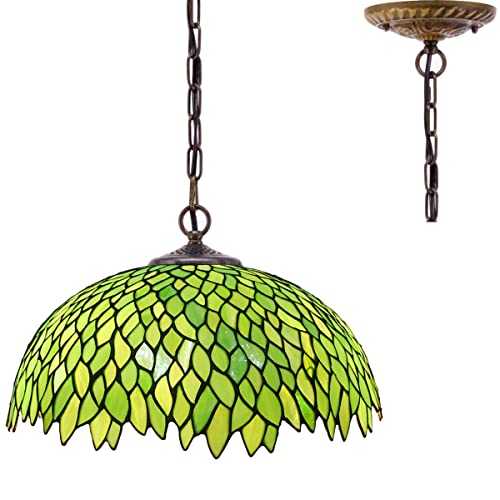 Tiffany Hanging Lamp 16 Inch Pull Chain Green Wisteria Stained Glass Lampshade Anqitue Chandelier Ceiling Style Pendant 2 Light Fixture for Dinner Room Living Room Bedroom S523 WERFACTORY