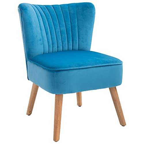 HOMCOM Velvet Accent Chair Occasional Tub Seat Padding Curved Back with Wood Frame Legs Home Furniture Blue