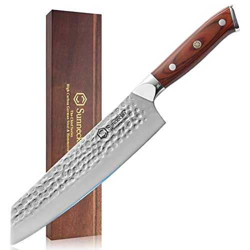 Sunnecko Kitchen Knife Chef Knife 8" Kiritsuke Knife Made of German Steel 56HRC with Hammered Finish Blade, Professional Chef Knife Gyuto Knife with Ergonomic Pakkawood Handle & Noble Wooden Box