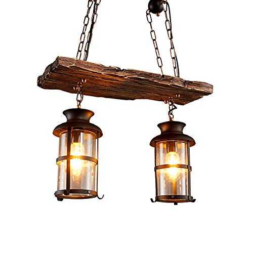 Rustic Wooden Pendant Lights 2-Head, Vintage Farmhouse Wood Beam Ceiling Light Chandeliers with Glass Lantern Lampshades, Industrial Lighting Fixtures for Kitchen Island Dining Room Restaurant Bar