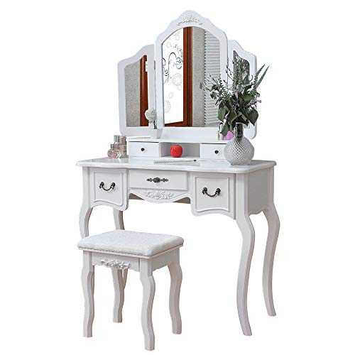 SALBAY Dressing Table With Stool Dresser Set 1 Mirror 5 Drawer Makeup Desk White Bedroom Luxury
