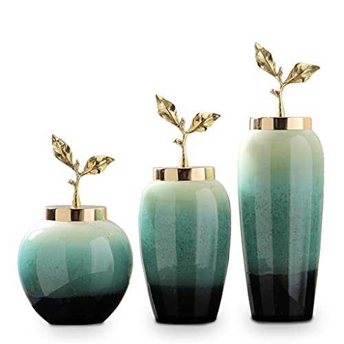 ALhLL Creativity Ceramic Vase Handmade Gradient with Cover Golden Leaves Modern Home Crafts Ornaments Flower Vases Wedding Decoration