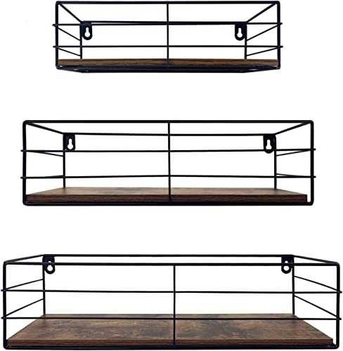 EYMPEU Floating Shelves, Black Wall Shelves Set of 3, Metal Wood Display Shelf, Home Decoration for Bedroom, Living Room, Office, Hallway or Kitchen