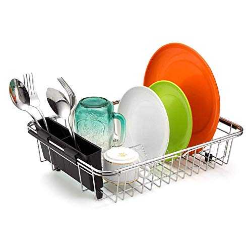 Expandable Dish Rack with Stock—Dishes Drainers for Kitchen Counter with Drainboard Stainless Steel Tableware Holder & Storage Wire Plate Basket Sink Shelf with Black Cutlery Water Filter