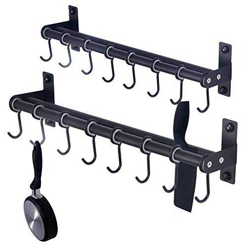 Dseap Pot Rack - Pots and Pans Hanging Rack Rail with 8 Hooks, Double Bars, Pot Hangers for Kitchen, Wall Mounted, Black, 2 Packs