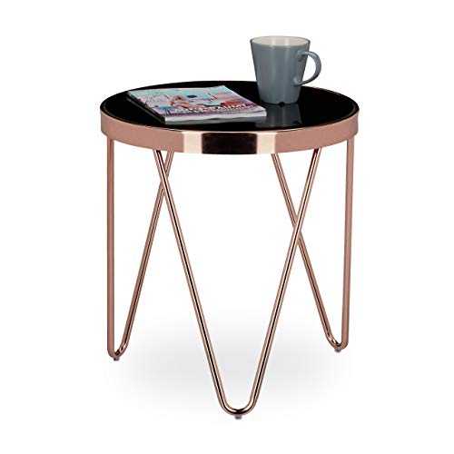 Relaxdays COPPER Side Table made of Copper and Black Glass, Small Coffee Table, Size: 46 x 42 x 42 cm, Modern Curved Table with Glass Surface, Copper-Coloured