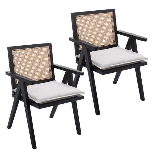 Wahson Rattan Dining Chairs Set of 2 Upholstered Kitchen Chairs in Linen Side Chair with Solid Wood Legs, Modern Armchair for Dining Room/Cafe, Black