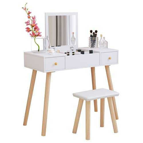 White Dressing Table with Flip Up Mirror, Vanity Makeup Table Set with 2 Drawers, Stool and Storage Units for Bedroom