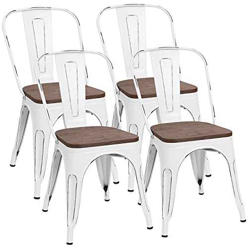 Shahoo Metal Dining Chairs Classic Iron Stackable Industrial Vintage Trattoria Wooden Seat and Back, Indoor-Outdoor Side Settee for Home Bistro Cafe Kitchen Restaurant Set of 4, White