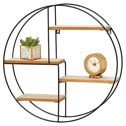 mDesign Floating Shelves – 4-Tier MDF Wall Shelf Unit with Round Metal Frame – Wall-Mounted Wooden Shelves with Modern Design – Black/Natural