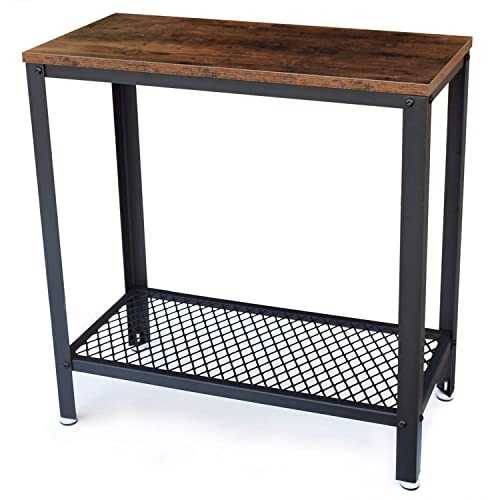 DRM Industrial Console Table for Small Spaces, 2-Tier Rustic Hallway Table, Narrow Nightstand with Metal Frame and Mesh Shelf, Sturdy Sofa Side Table for Home and Office