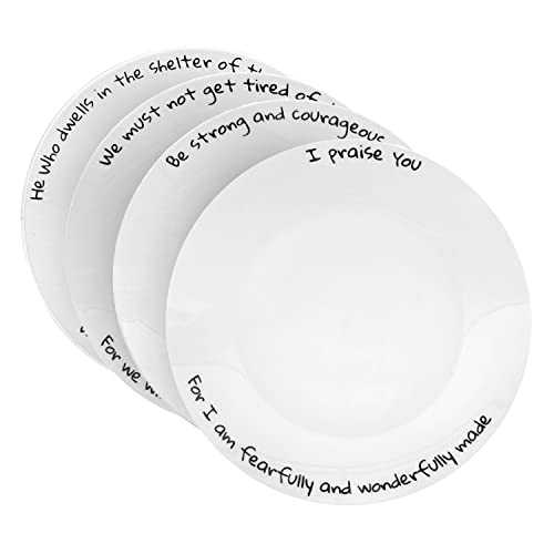ChitChat Ware Porcelain Dinner Plates, 4Pcs White Round Dessert or Salad Plate, Serving Dishes, Dinnerware Set, Scratch Resistant "I Praise" Set, Microwave & Dishwasher Safe (10.5-inch)