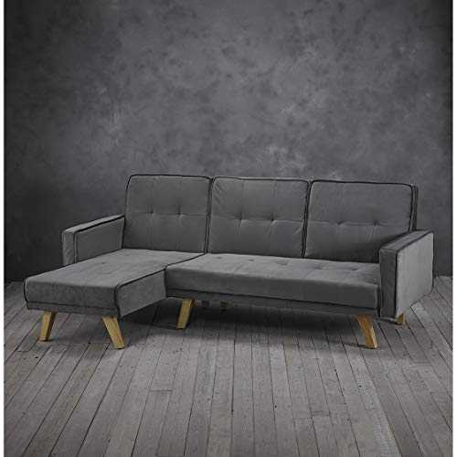 LPD Furniture Kitson L-Shaped Sofa Bed - 3 Seater Contemporary Grey Velvet Corner Chaise - Oak Legs