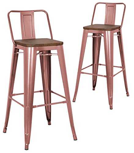RayGar Pollux Bar Stools Tall Industrial Vintage Bar Chairs Metal Frame and Solid Wood Seat with Backrest for Kitchen Dining Room Pub Cafe Bistro (2, Copper)