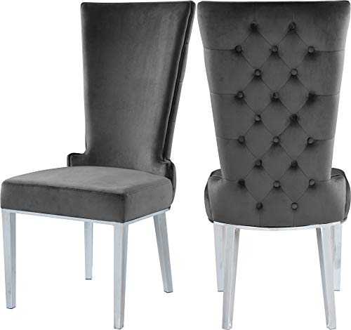 Meridian Furniture Serafina Collection Modern | Contemporary Velvet Upholstered Dining Chair with Sturdy Metal Legs in Rich Chrome Finish, Set of 2, Grey, 20.5" W x 26" D x 45" H