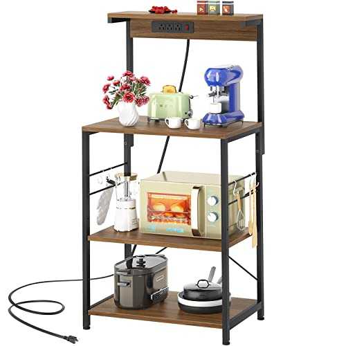 Topfurny Baker’s Rack with Power Outlet, Kitchen Microwave Stand, 4 Tiers Kitchen Storage Rack Coffee Bar Table with 5 Hooks, Kitchen Organizer Shelves for Spices, Pots and Pans, Walnut