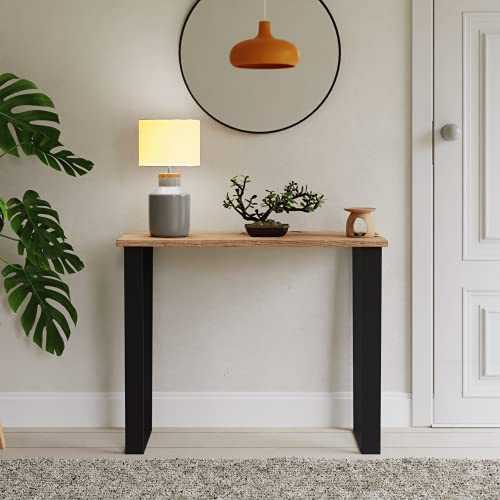 Home Source Modern Antique Wax Finish Console Hallway Side Table, Pine, Black Metal Legs