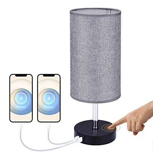 Glighone Touch Bedside Lamp Table Lamp Dimmable with 2 USB Charging Ports Modern Nightstand Lamp with Grey Round Fabric Shade Bedroom Lamp for Home Living Room(LED Bulb Included)