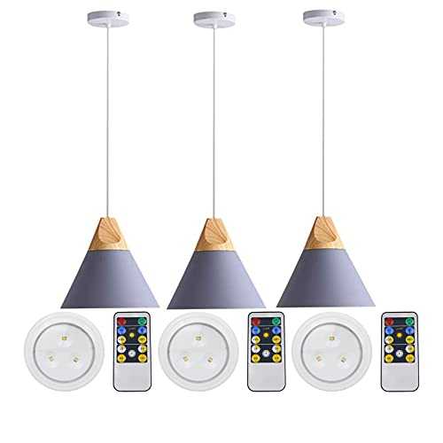 civaza 3 Modern Style Pendant Light, Battery Operated Led Hanging Pendant Light With Remote Control For Restaurants Galleries Aisle Kitchen Room Doorway, Dimmable Light Bulb. (Color : Gray)