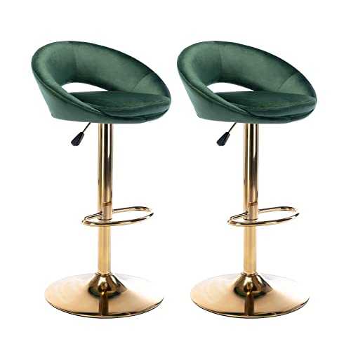 chairus Height Adjustable Barstools Set of 2 Pack Kitchen Counter Stools Velvet Swivel High Stools Footrest Seat with Hollow Back (Green(Adjuatable))
