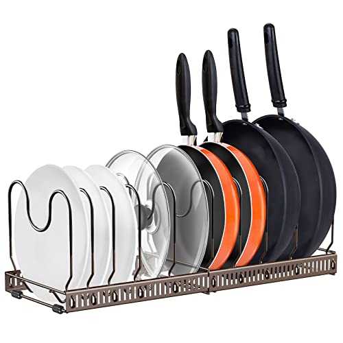 AHNR Expandable Pot and Pan Organizers Rack, 10+ Pans and Pots Lid Organizer Rack Holder, Kitchen Cabinet Pantry Bakeware Organizer Rack Holder with 10 Adjustable Compartments (Bronze)