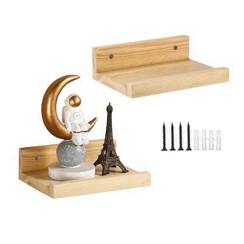 Z metnal Small Decor Shelves, Mini Floating Natural Wooden Display Wall Shelf for Smart Speaker WiFi Collectables, Pine Wood Shelves, Wall Mounted, 20x14cm, 2 Pcs