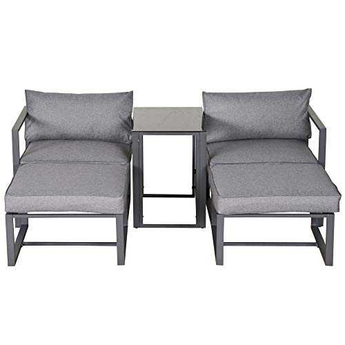 Outsunny 5 Piece Garden Aluminium Conversation Sofa Set Patio Furniture Set Outdoor 2 Sofas 2 Footstools End Table with Cushions