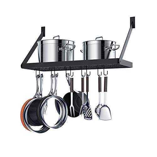 Miyili Pot Rack Square Grid Wall Mounted Kitchen Pot and Pan Organizer Shelf with 10 Hooks, 24 by 10-inch (Black), KR301B1