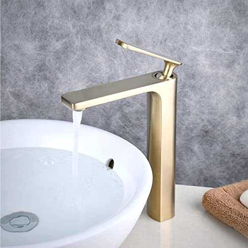 Bathroom Vessel Tap Faucet,Single Lever Handle Solid Brass Tall Basin Mixer Taps,Brushed Gold Modern Lavatory Vanity Faucets Single Hole,SHUNLI