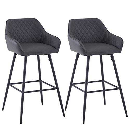 AINPECCA Bar stools Set of 2 Faux Leather Upholstered Seat with Backrest & Armrest Black Metal Legs Counter Breakfast Chairs Kitchen