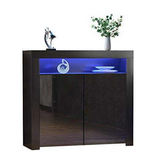 OUNUO LED Sideboard Cabinet - Cupboard with High Gloss Front and Melamine Coated Surface for Dining Room Living Room (Black, 2 Doors)