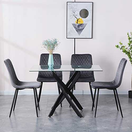 GOLDFAN 5Pcs Modern Dining Room Set Glass Dining Table and 4 Grey Velvet Chairs with Black Metal Legs Home Kitchen Furniture Set,120cm