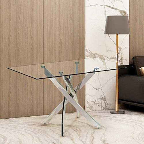 GOLDFAN 120cm Glass Dining Table Rectangular Table Clear Tempered Kitchen Table with Metal Legs for Dining Room Kitchen, Silver(Table Only)