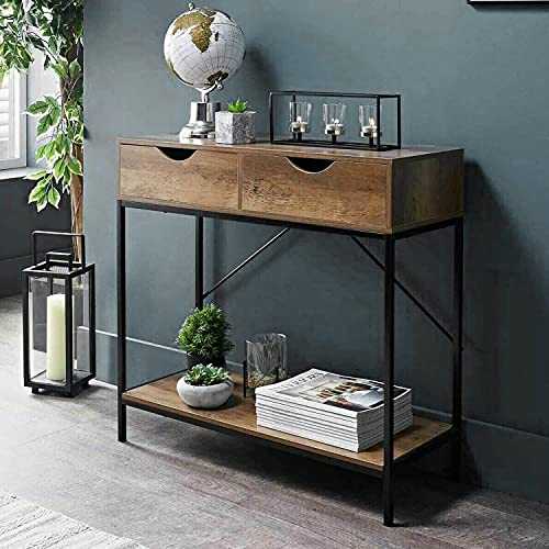AJ New Tromso 2 Drawer Console Table Black Metal Frame & Wooden Drawers and Shelf Furniture Perfect For Your Living room.