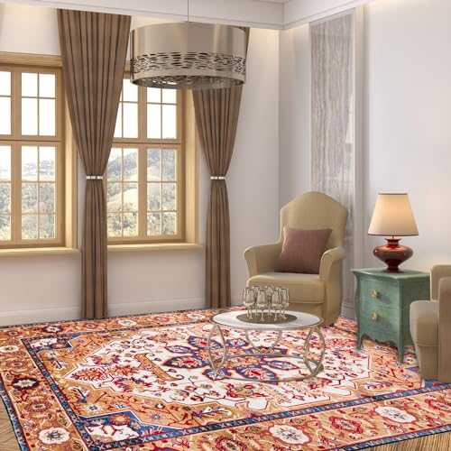 DCAIR Bohemian Washable Vintage Area Rug 9x12 Large Persian Non-Slip Rug for Bedroom Living Room Oriental Medallion Non-Shedding Print Floor Carpet for Dining Room Brown/Red