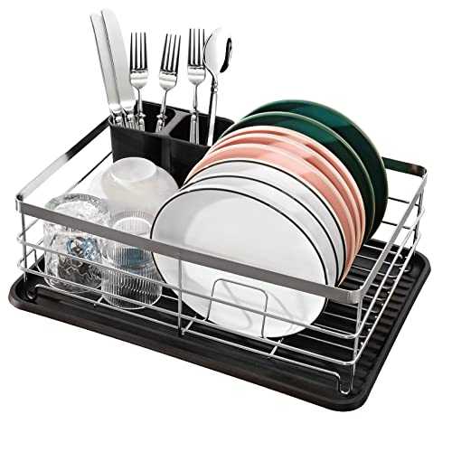 BRIAN & DANY Dish Drainer, Dish Drying Rack with Cutlery Holder and Drip Tray, Silver
