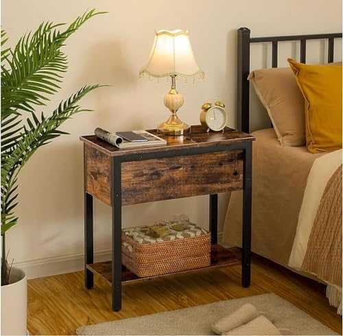Industrial Style End Table For Living Room Bedroom Lounge Hallway 2 Tier Slim Bedside Nightstand Flip Top Table For Lamp Sofa End