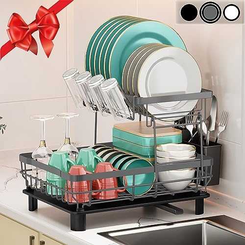 MOUKABAL Dish Drying Rack, 2-Tier Dish Racks for Kitchen Counter,Detachable Large Capacity Dish Rack,Dish Drainer with Removable Utensil Holder,Dish Drying Rack with Drainboard and Swivel Spout(Grey)