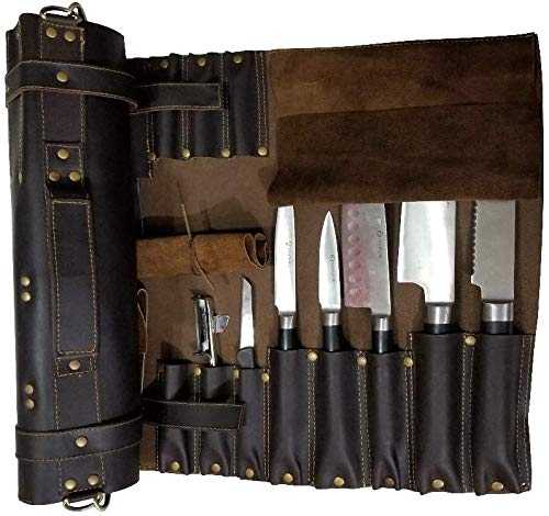 Travel-Friendly Chef Knife Wrap Bag | Genuine Leather Knife Roll | Storage Bag Handles Carry Case Kitchen | travel bag knives holder | for professional Chefs | KB003 (Dark brown)